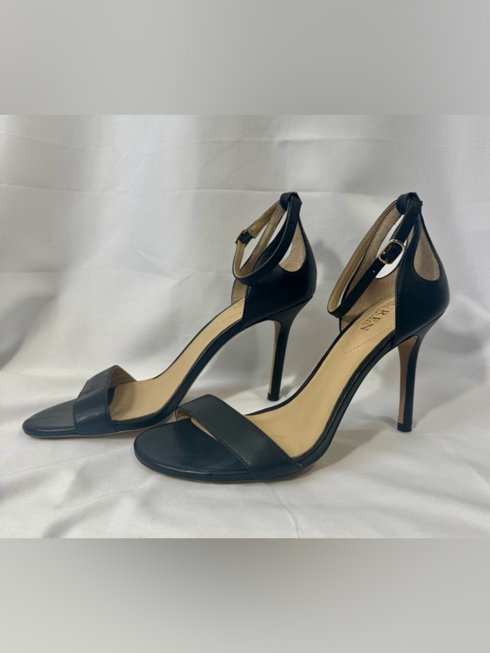 Lauren Ralph Lauren Gretchen IV Black Leather Ankle-Strap Stilettos Size 7.5 B
